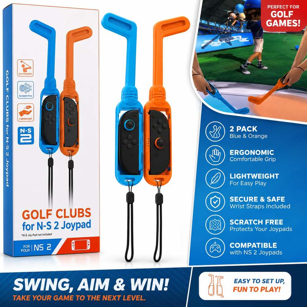 Golf Club Attachment for Nintendo Switch 2 Joy-Con Controllers 2Pack Blue Orange